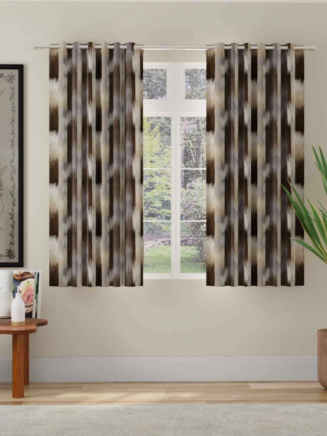 

ROSARA HOME Brown and Grey 2 Pieces Abstract Printed Room Darkening Window Curtains