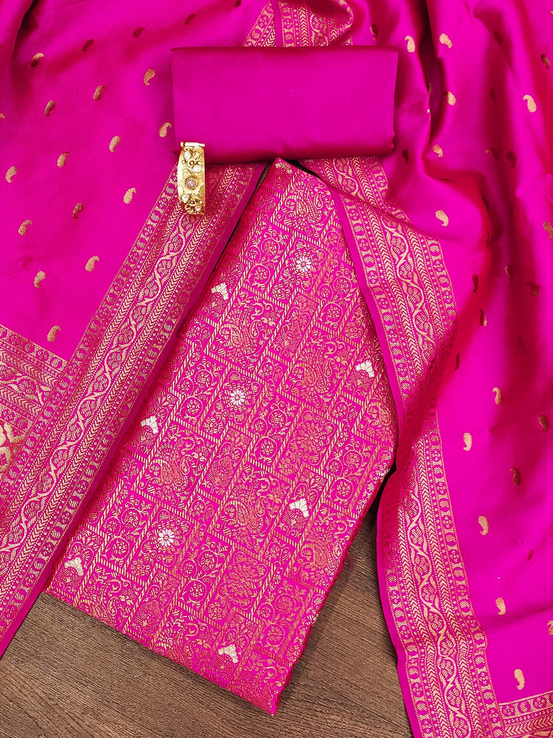 

KALINI Floral Woven Design Zari Work Jacquard Silk Unstitched Dress Material, Pink