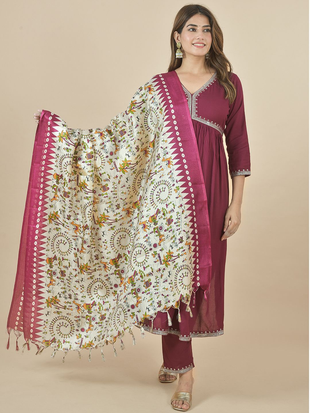 

LA FEMINAE Ethnic Motifs Printed Kalamkari Dupatta, Cream