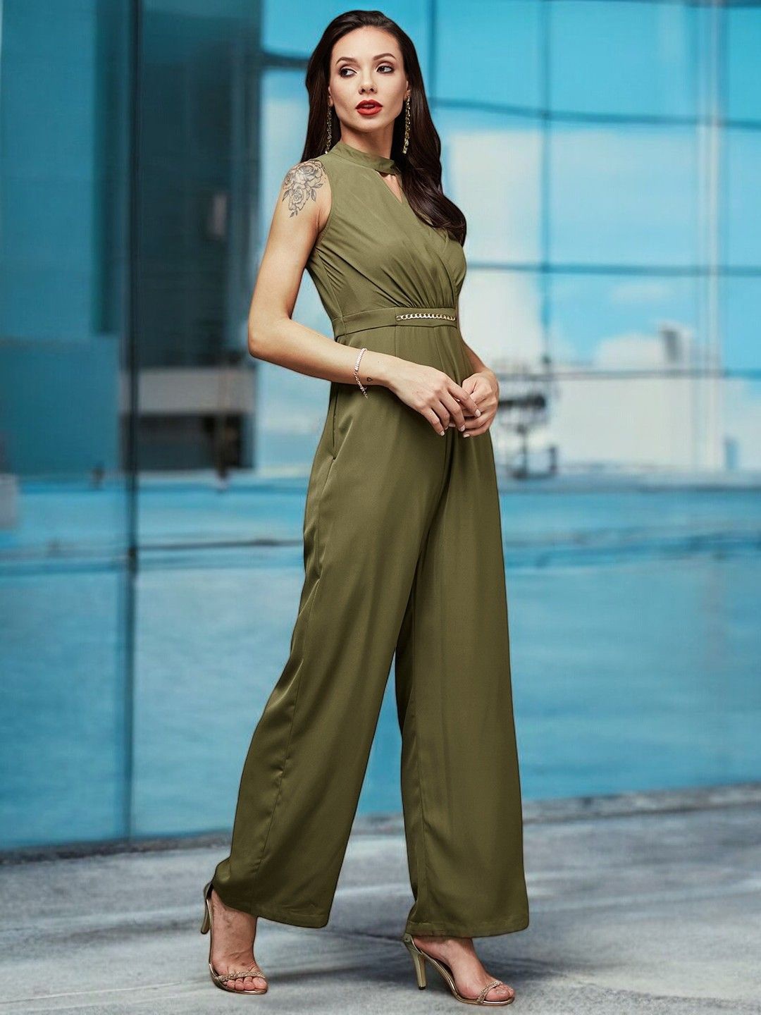 

all about you Women's Keyhole Neck Crepe Wrap Jumpsuit, Olive