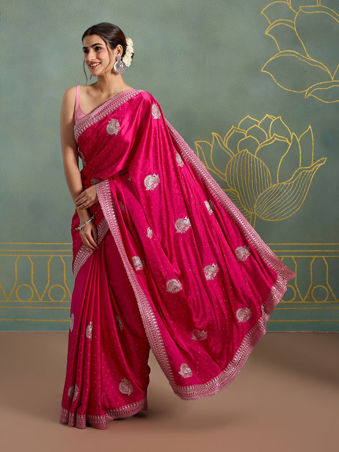 

Likha Floral Embroidered Satin Saree, Pink