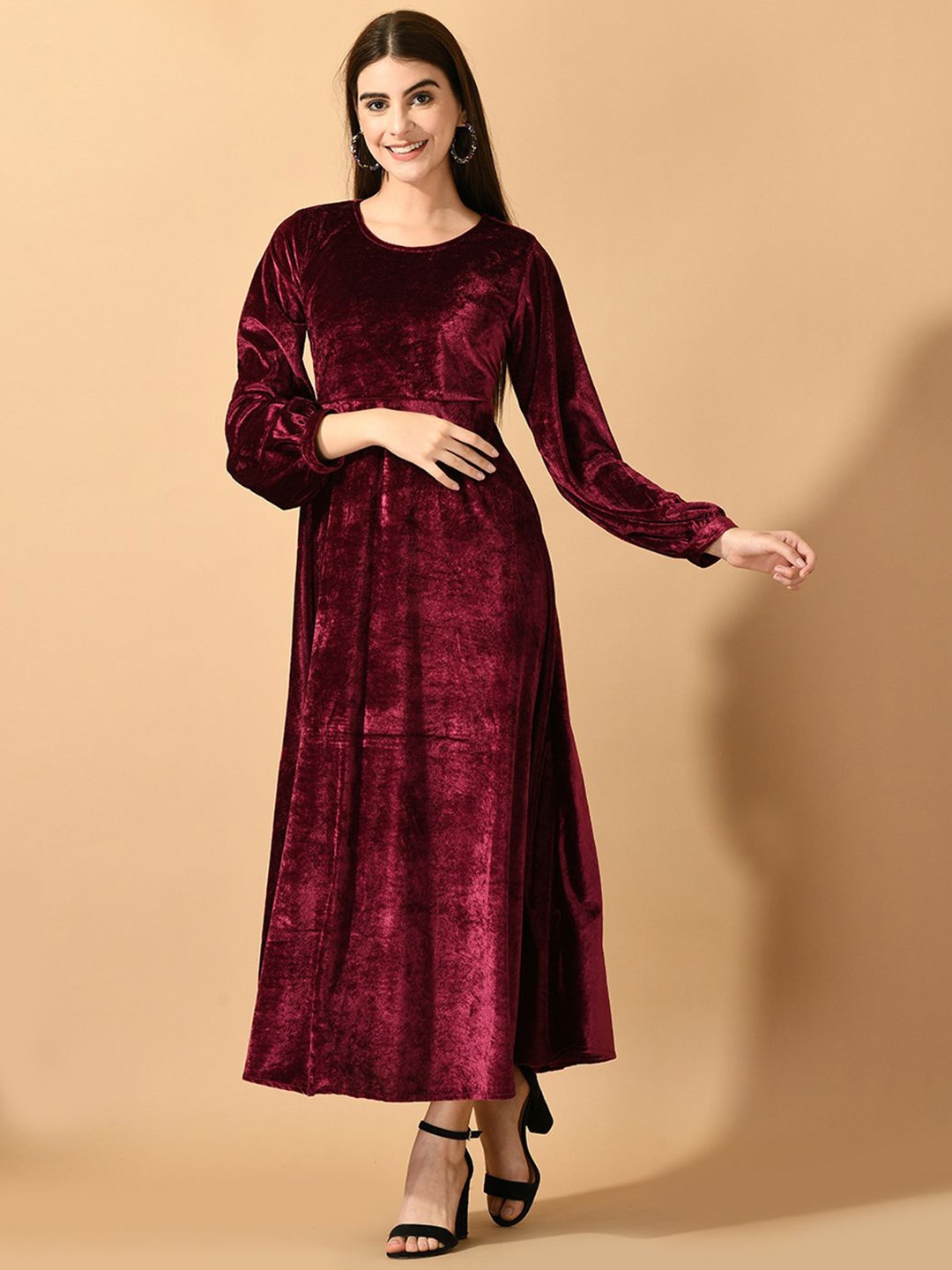 

Sangria Fit & Flare Puff Sleeve Maxi Dress, Maroon