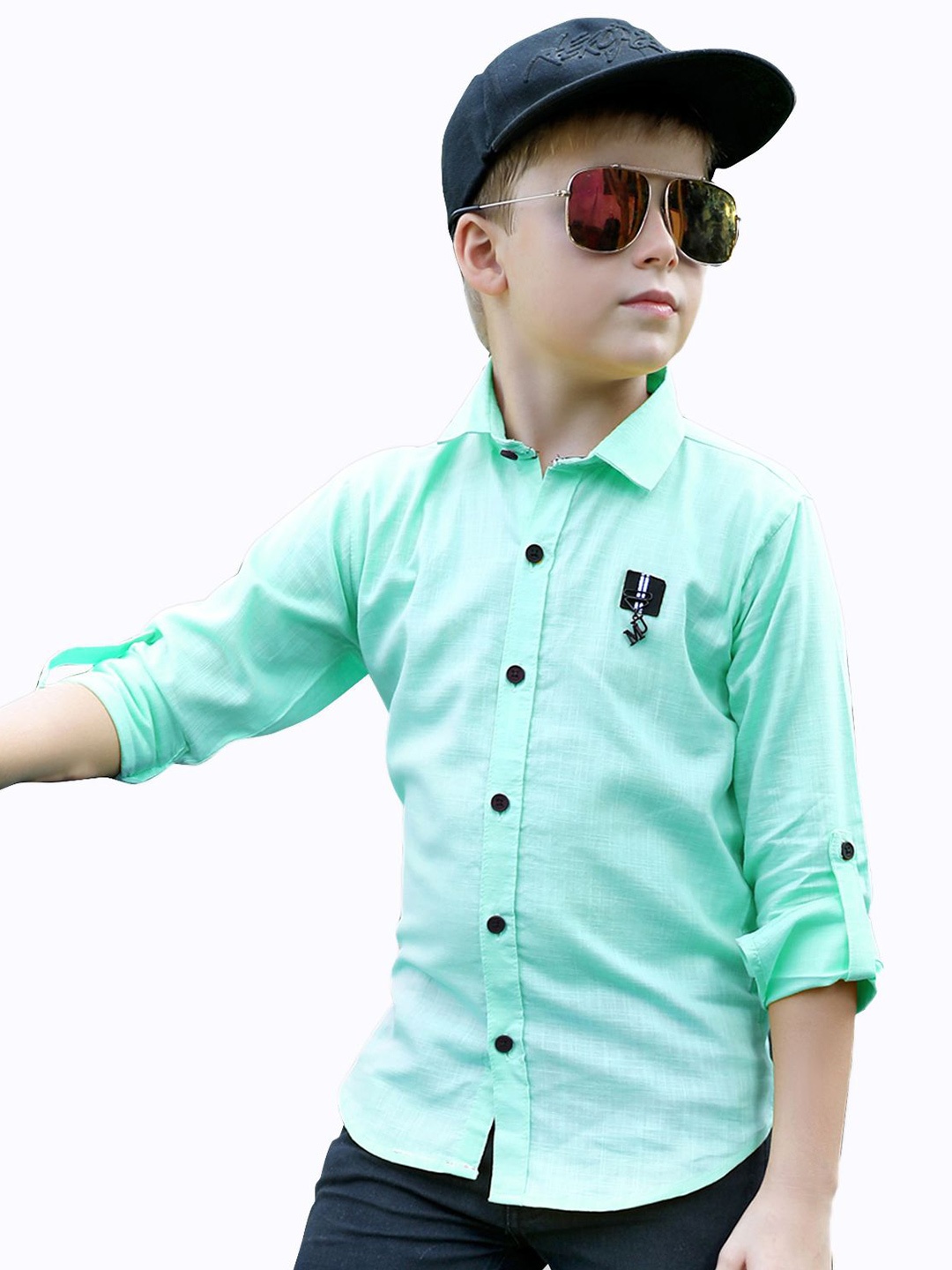 

MashUp Boys Classic Spread Collar Solid Cotton Casual Shirt, Green