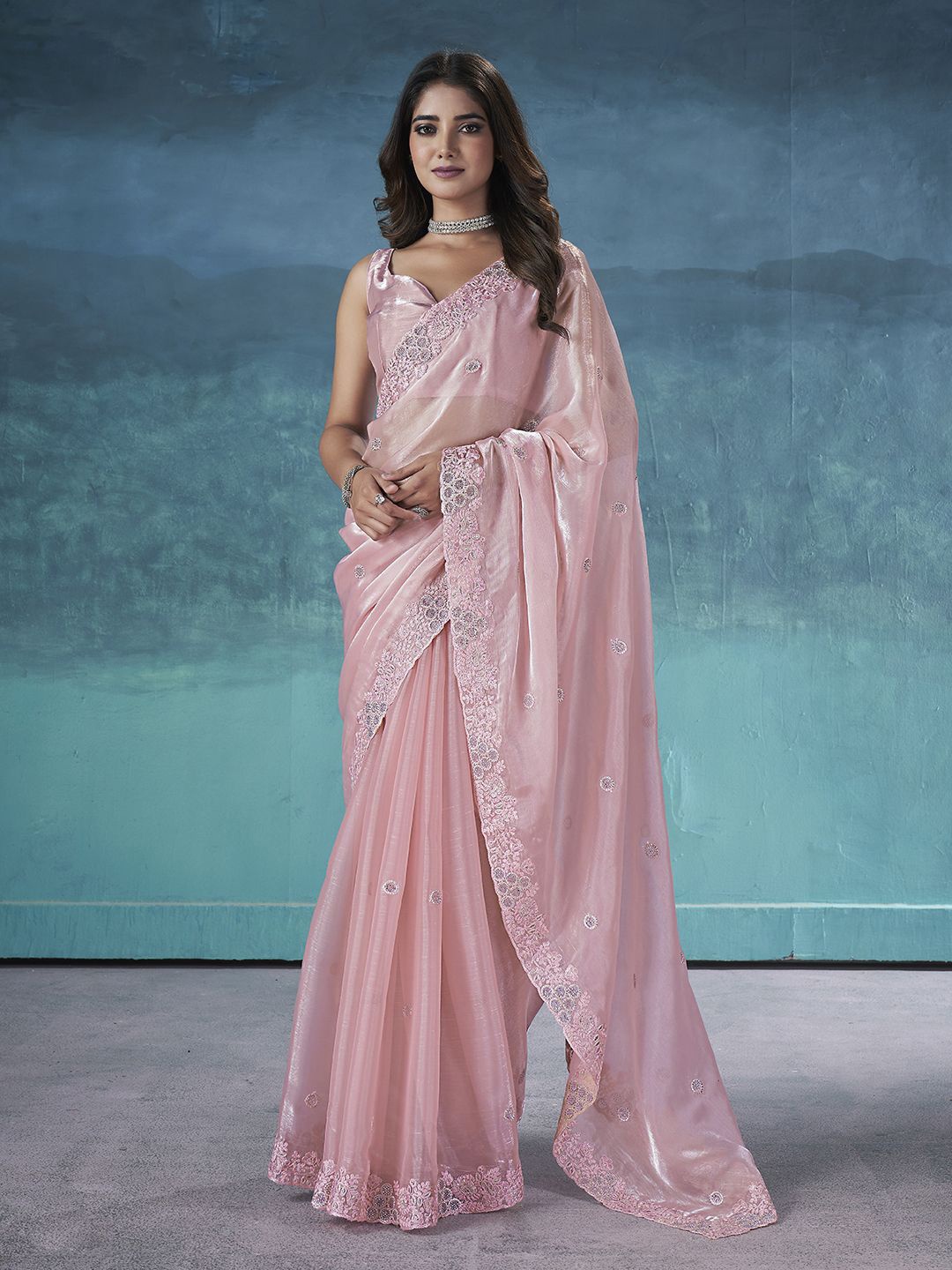 

Ethnielle Floral Embroidered Saree, Pink