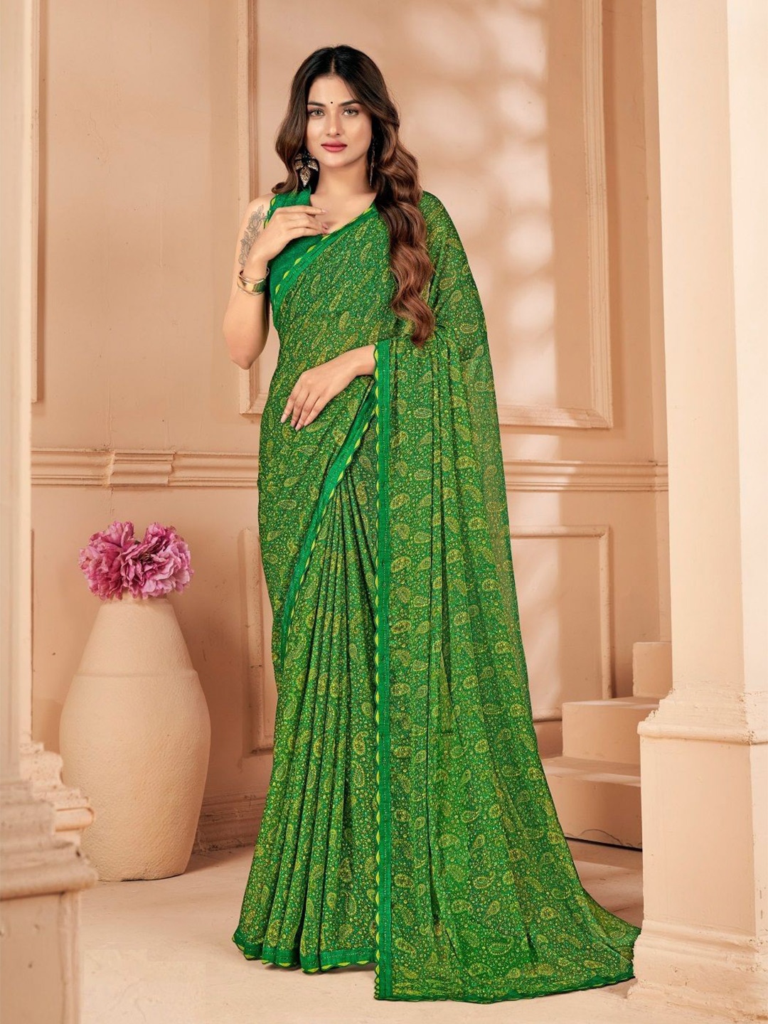 

Reboot Fashions Paisley Pure Chiffon Saree, Green