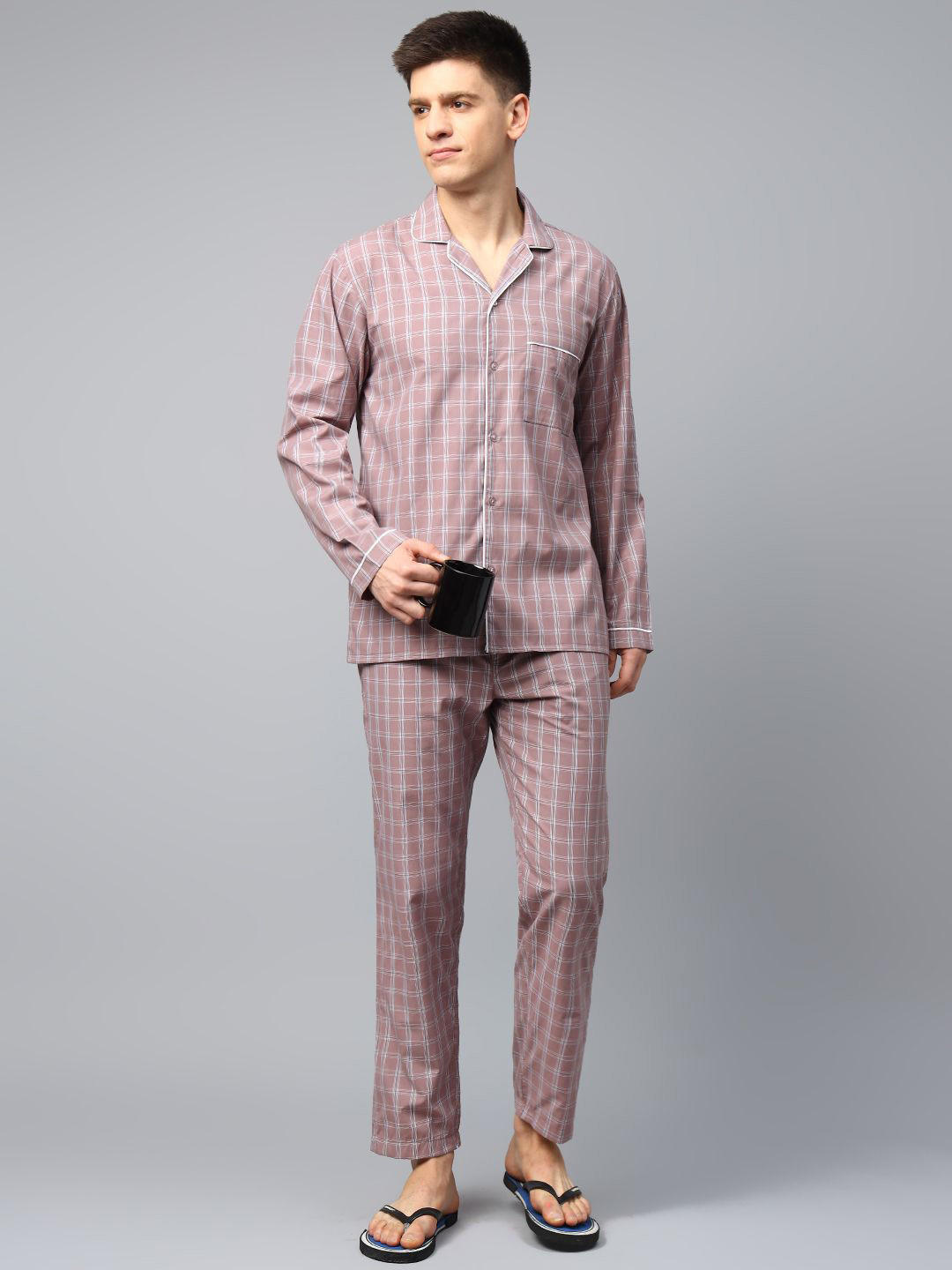

English Navy Men Wrinkle Resistant Checked Lapel Collar Night suit, Mauve
