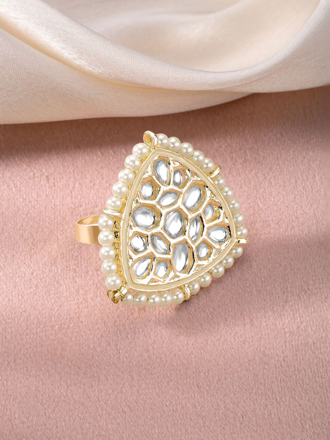 

Peora Gold-Plated Kundan Studded & Beaded Adjustable Finger Ring