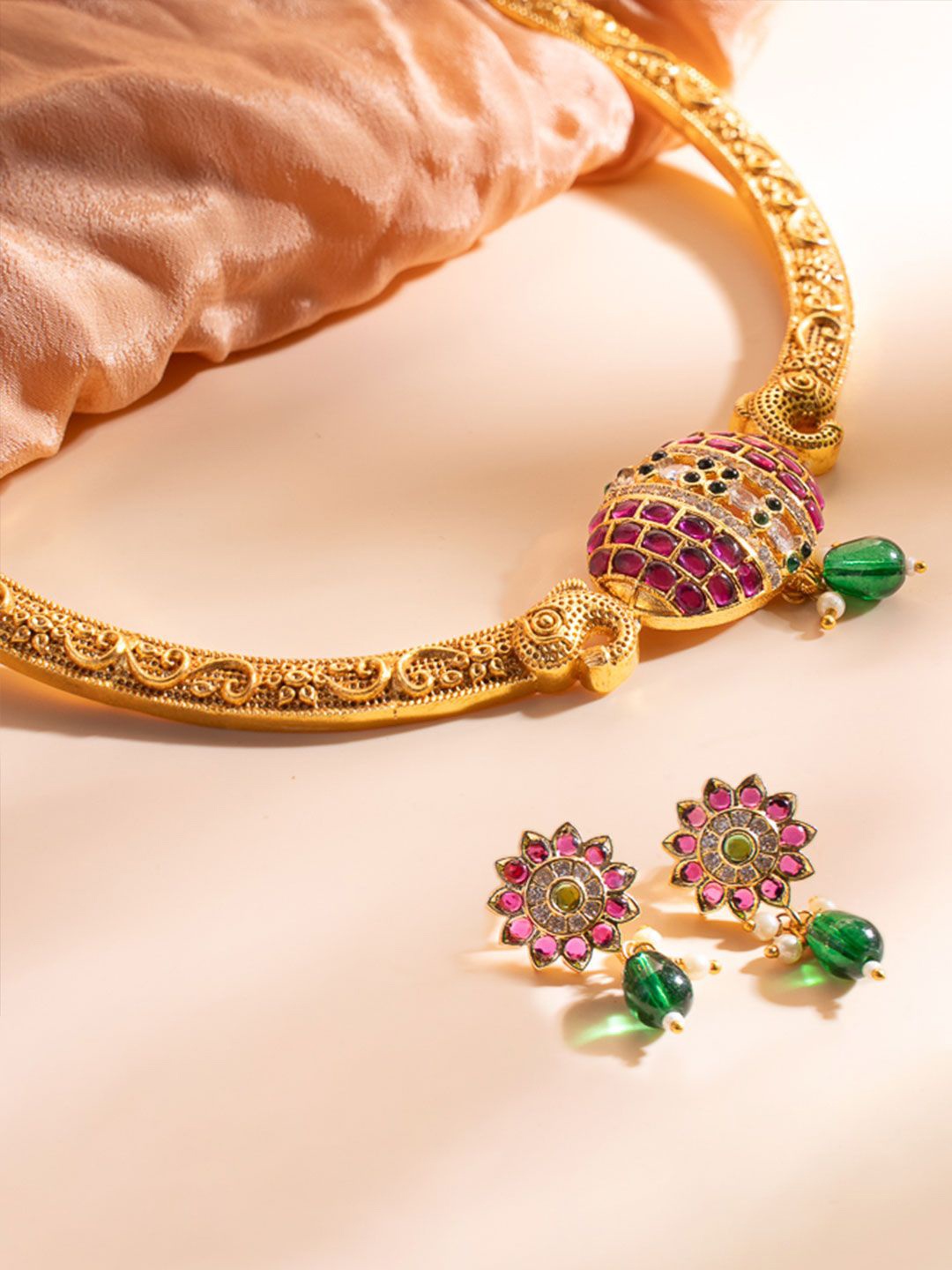 

VIRAASI Gold-Plated Stone-Studded & Beaded Jewellery Set