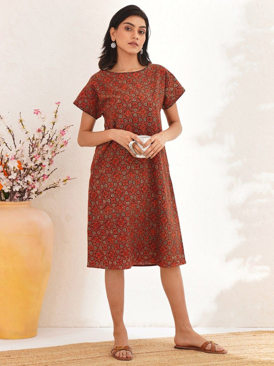 

JAYPORE Floral Print A-Line Dress, Red
