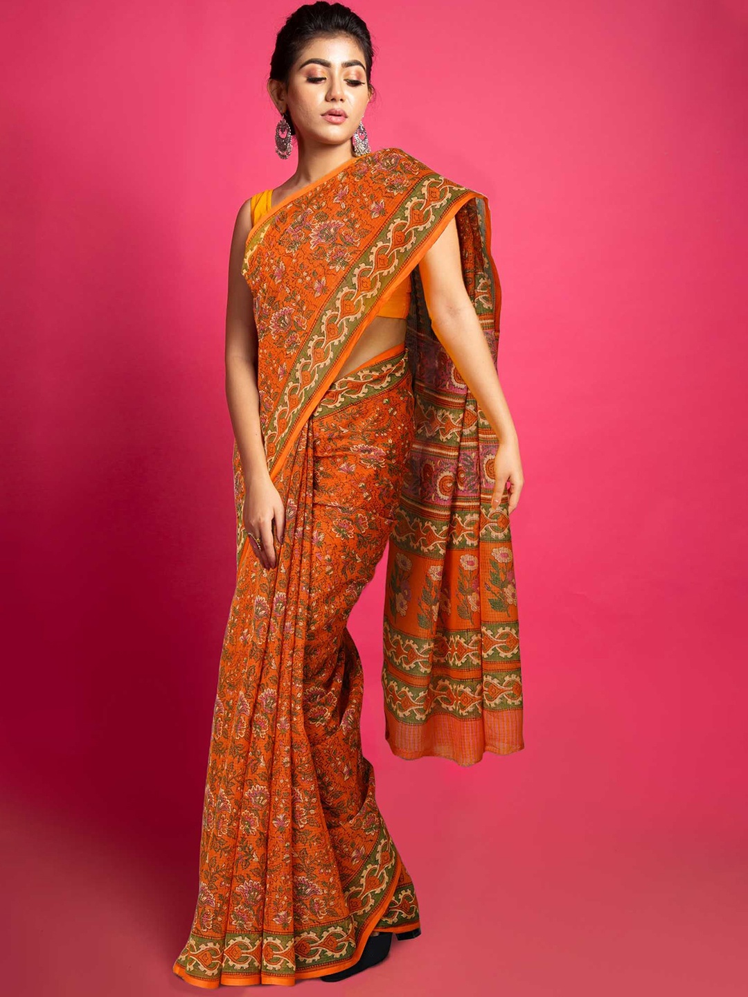 

Unnati Silks Ethnic Motifs Printed Pure Cotton Handloom Kota Saree, Orange