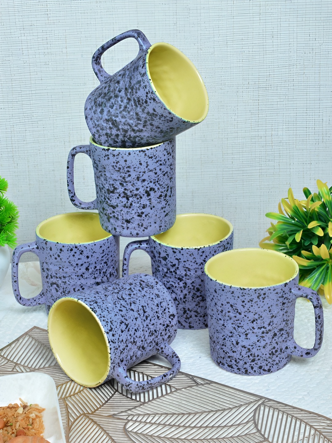 

FABINALIV Blue & Yellow 6 Pieces Textured Ceramic Matte Mugs 300 ml