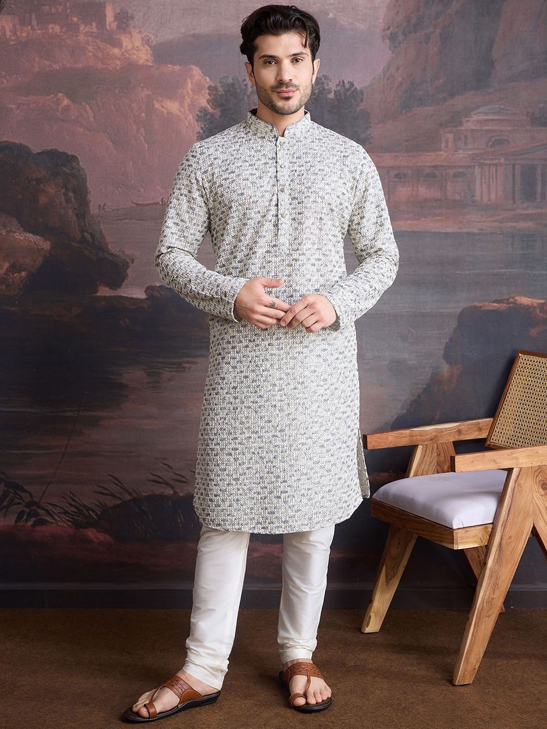 

House of Pataudi Geometric Printed Mandarin Collar Straight Kurta With Pajamas, Green