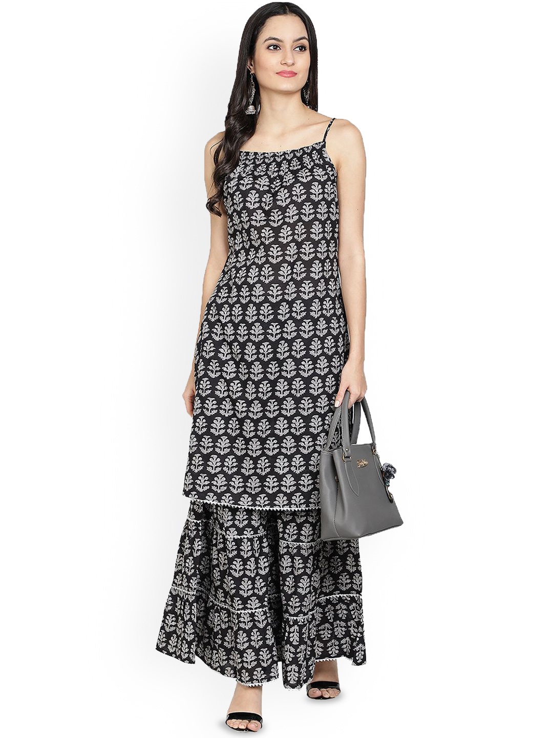 

Cloth Bites Ethnic Motifs Printed Shoulder Straps Pure Cotton Straight Kurta with Sharara, Black