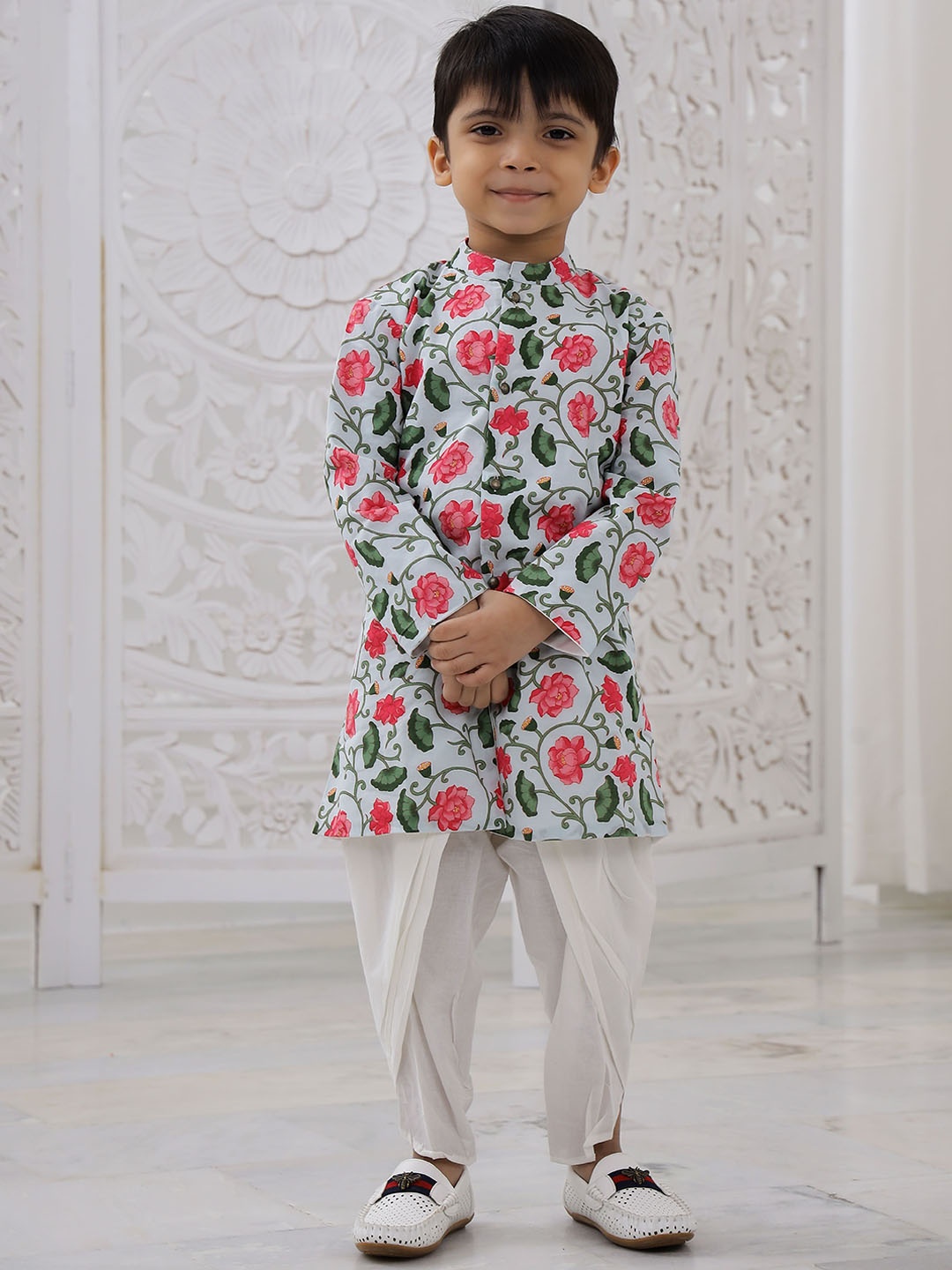 

Hoshi by A&T Boys Floral Printed Pure Cotton Kurta With Dhoti Pants, Blue
