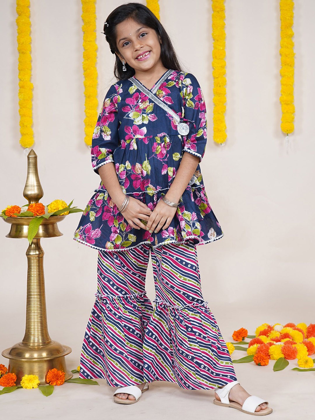 

KiddoPanti Girls Floral Printed Gotta Patti Pure Cotton Kurta with Sharara, Navy blue