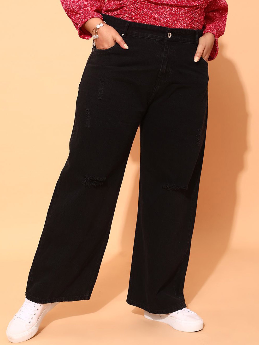 

CURVY STREET Women Plus Size Comfort Flared High-Rise Cotton Jeans, Black