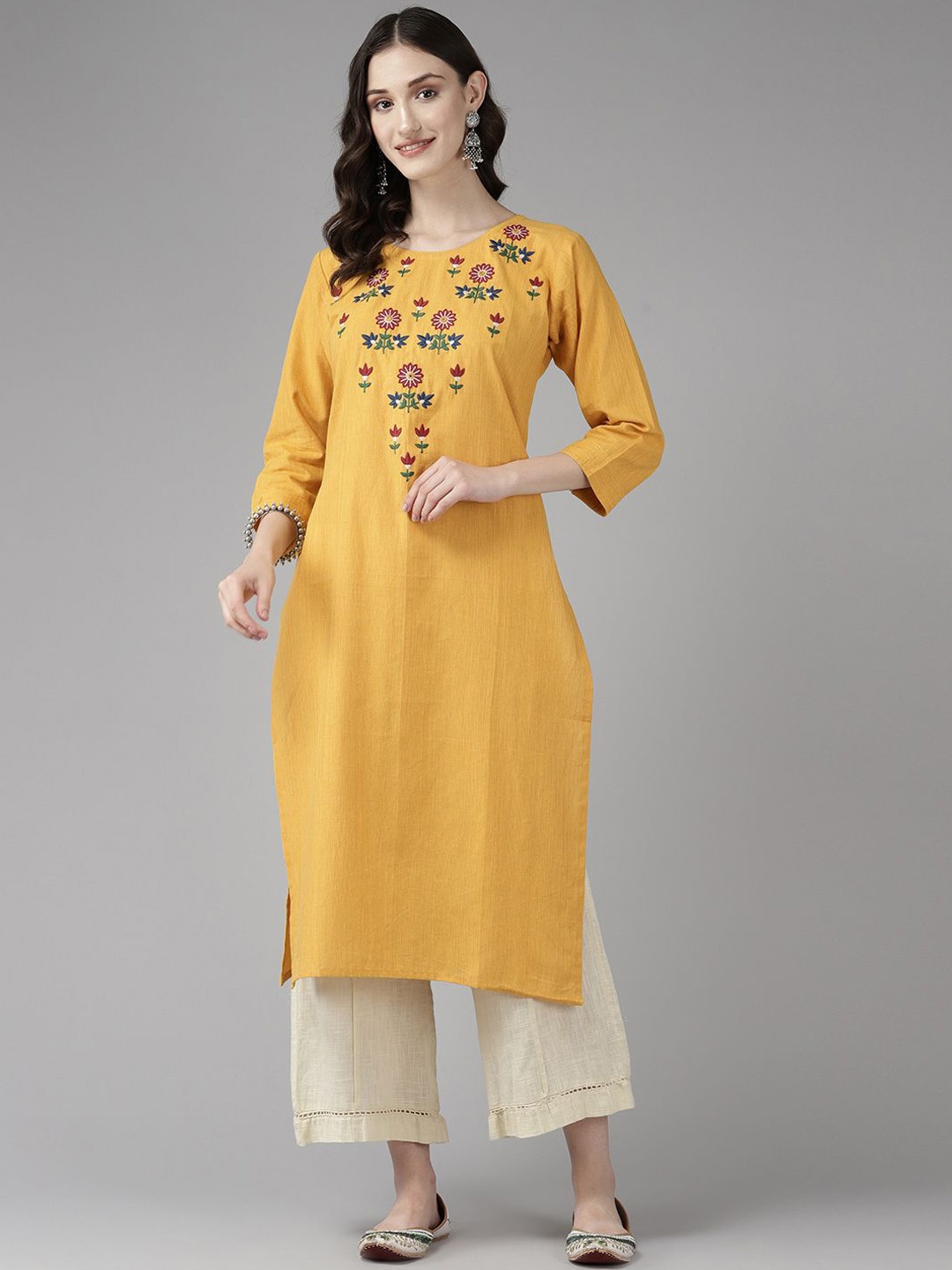 

BAESD Women Embroidered Keyhole Neck Mirror Work Kurta, Yellow