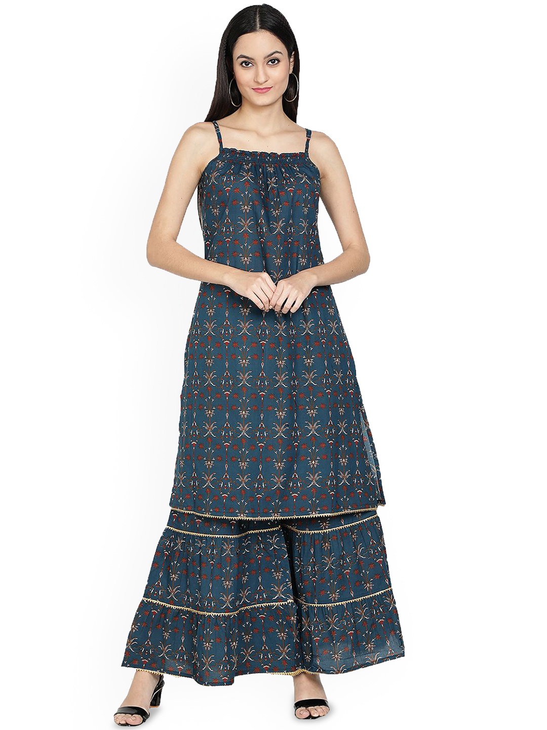 

Cloth Bites Ethnic Motifs Printed Shoulder Straps Pure Cotton Straight Kurta with Sharara, Teal