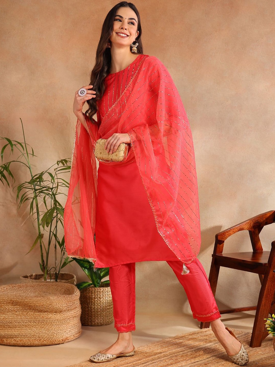 

KALINI Floral Embroidered Beads and Stones Kurta With Trousers & Dupatta, Fuchsia