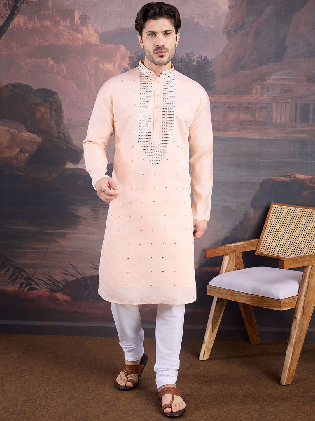 

House of Pataudi Geometric Embroidered Mandarin Collar Straight Kurta With Churidar, Pink