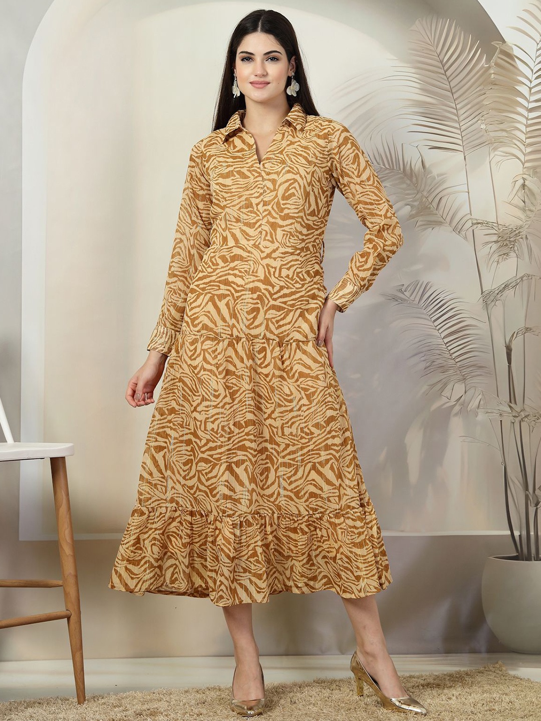 

plusS Abstract Printed Shirt collar A-line Midi Dress, Mustard