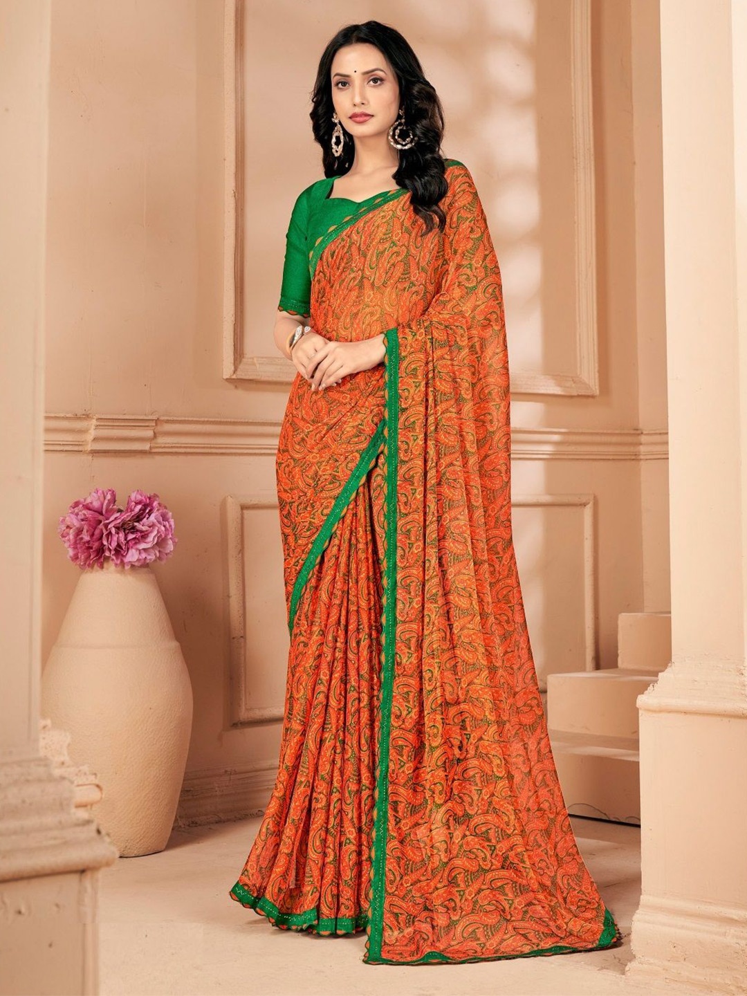 

Reboot Fashions Pure Chiffon Saree, Orange