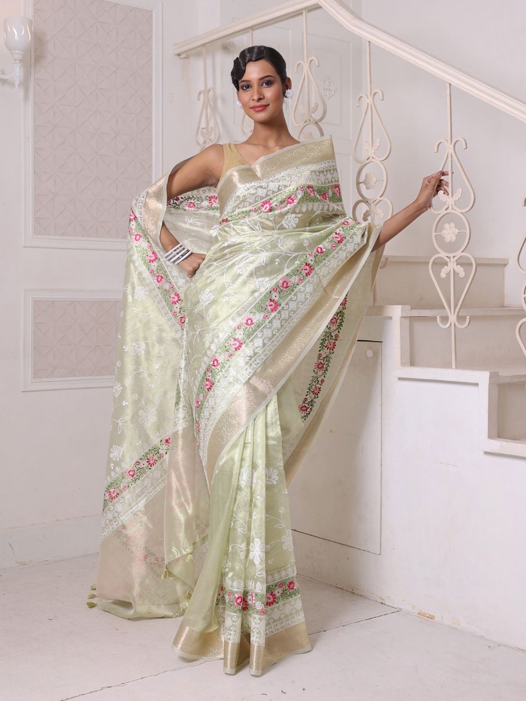 

Charukriti Ethnic Motifs Embroidered Tissue Saree, Green