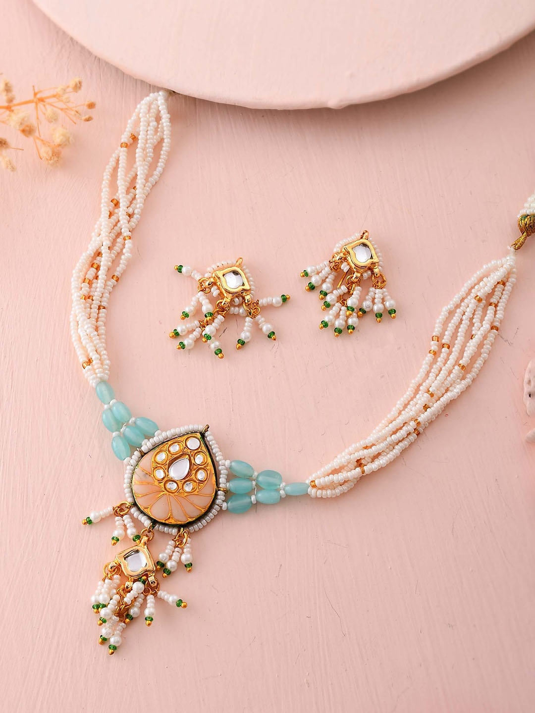 

DASTOOR Gold Plated Stone Studded & Beaded Jewellery Set