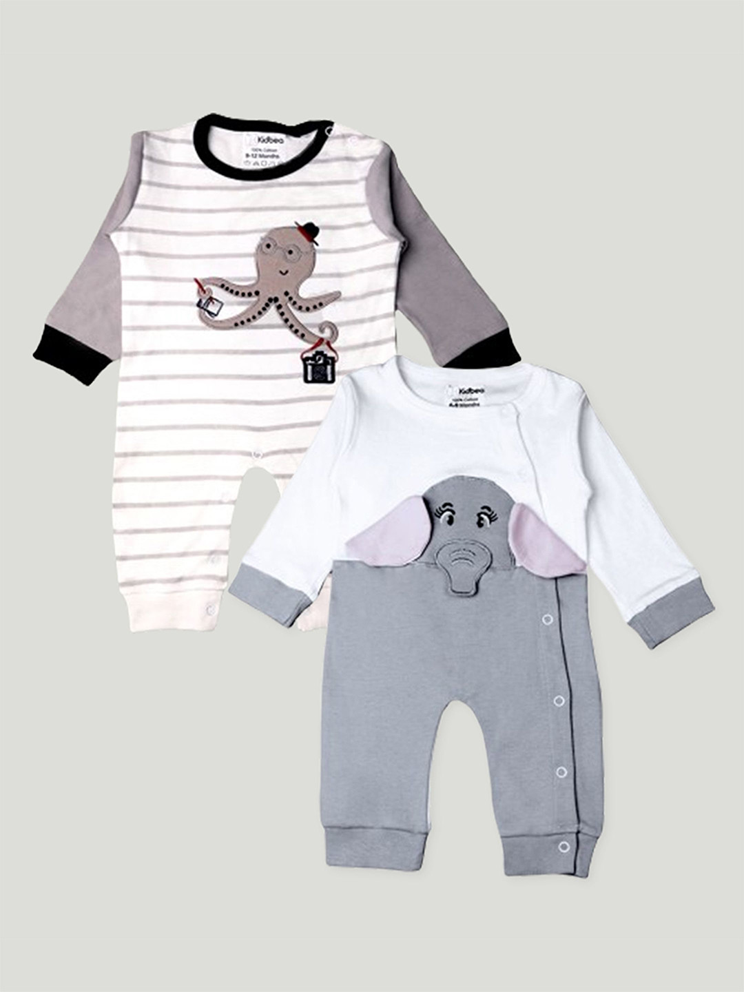 

Kidbea Infants Pack Of 2 Striped Oraganic Cotton Rompers, Grey