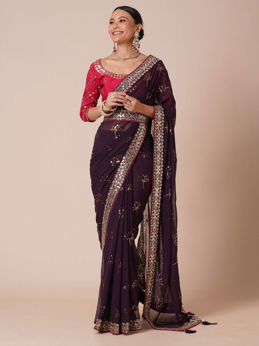 

House of Pataudi Sequinned Embellished Saree With Blouse Piece & Designer Belt, Burgundy