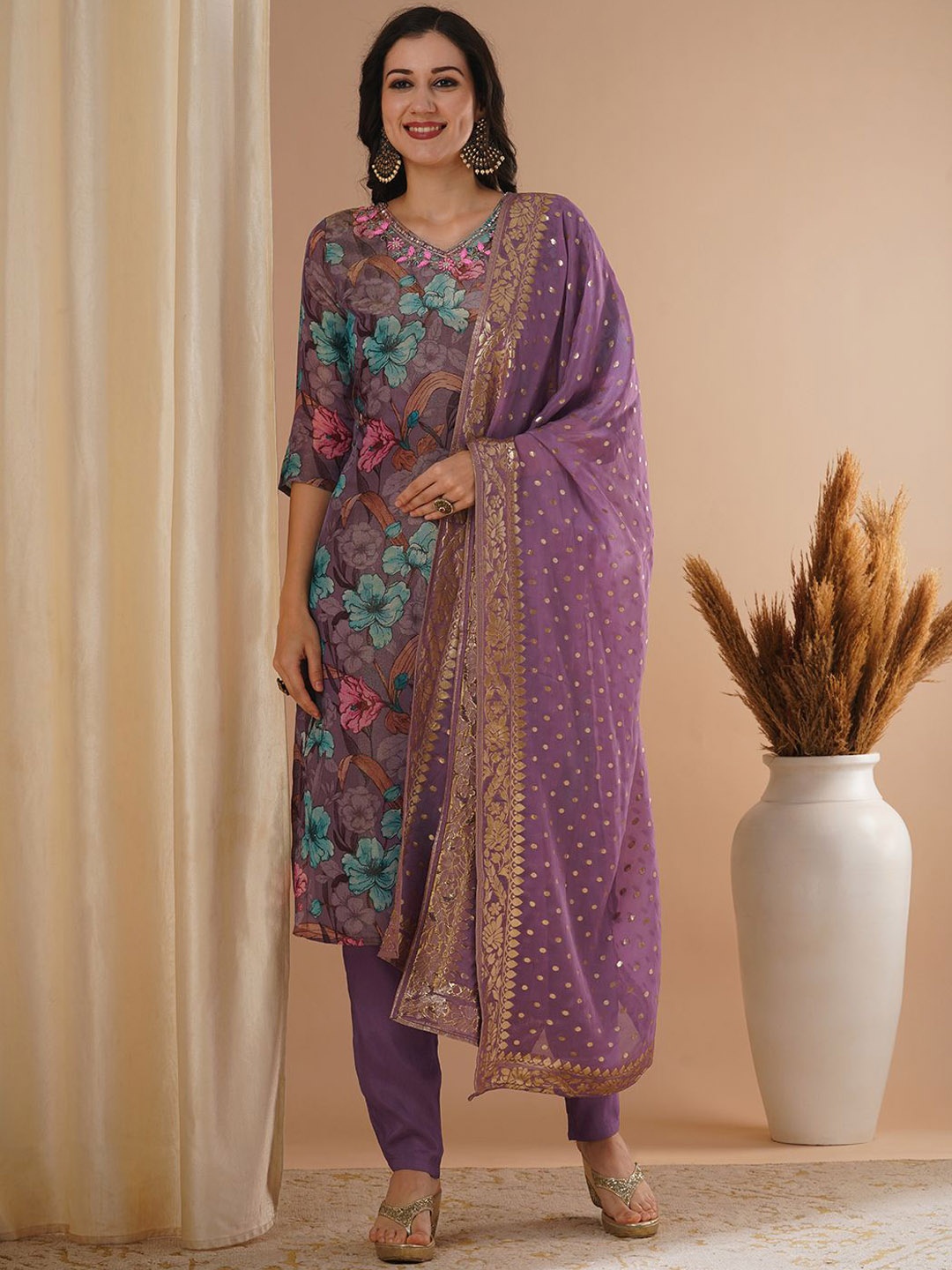 

FASHOR Floral Printed Beads and Stones Straight Kurta With Trouser & Dupatta, Purple