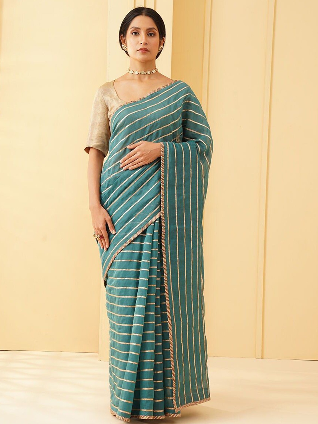 

JAYPORE Striped Woven Design Zari Saree, Teal