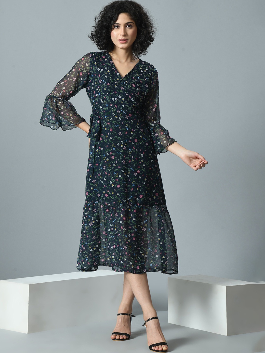 

Mast & Harbour Women Floral Print Flared Sleeve Georgette Midi Dress, Navy blue