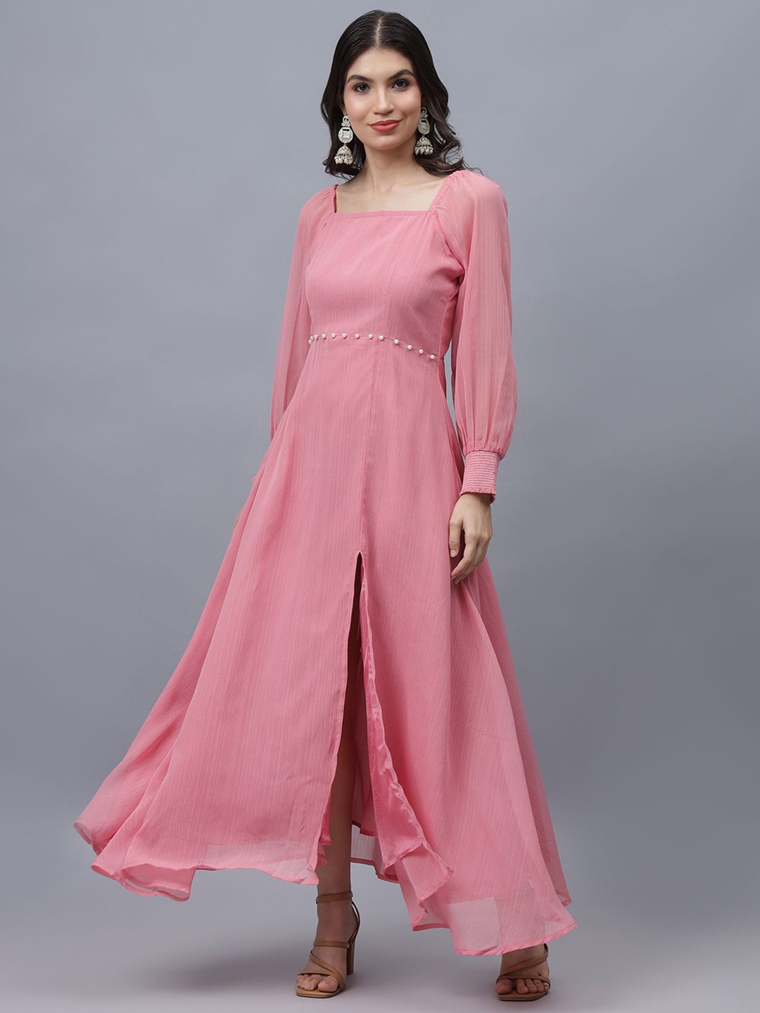 

Frolic Rolic Women Bishop Sleeve Square Neck Front Slit A-Line Maxi Dress, Pink