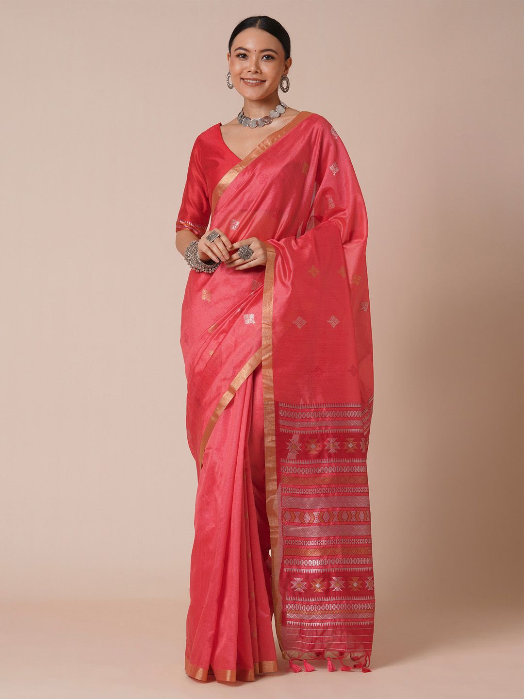 

House of Pataudi Ethnic Motifs Woven Design Celebrity Silk Saree, Pink