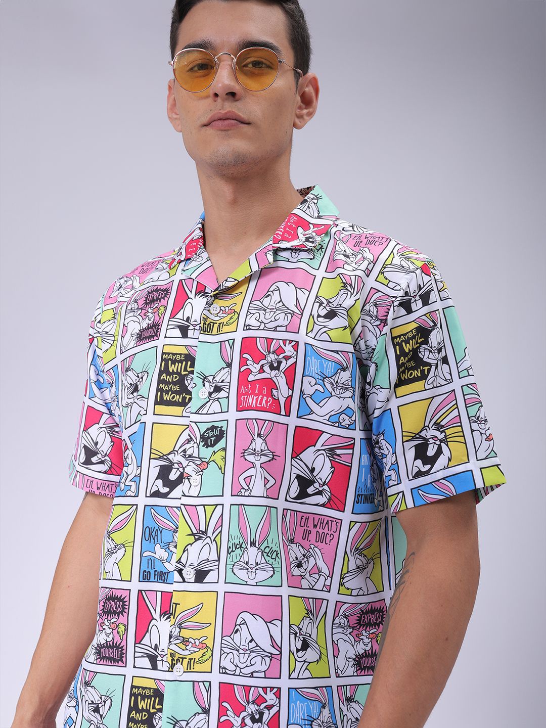 

The Indian Garage Co Men Cuban Collar Graphic Printed Loose Fit Resortwear Shirt, Pink