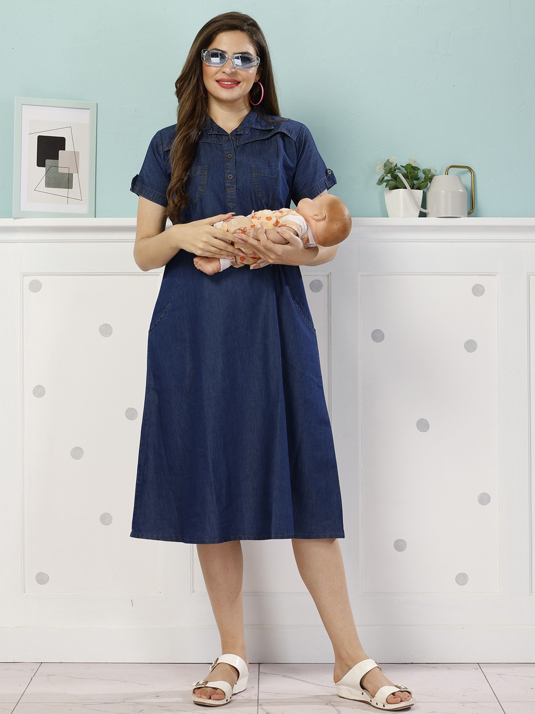 

EASY MOM Maternity Women A-Line Midi Dress, Navy blue