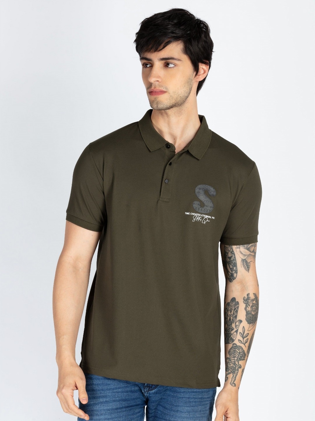 

Status Quo Men Solid Polo Collar Cotton T-shirt, Olive