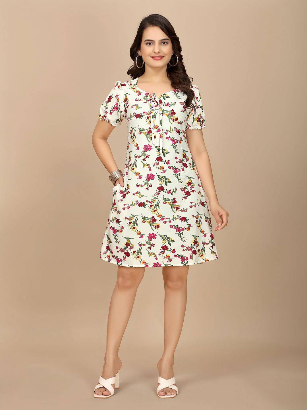 

BAESD Women Floral Printed Puff Sleeves A-Line Dress, White