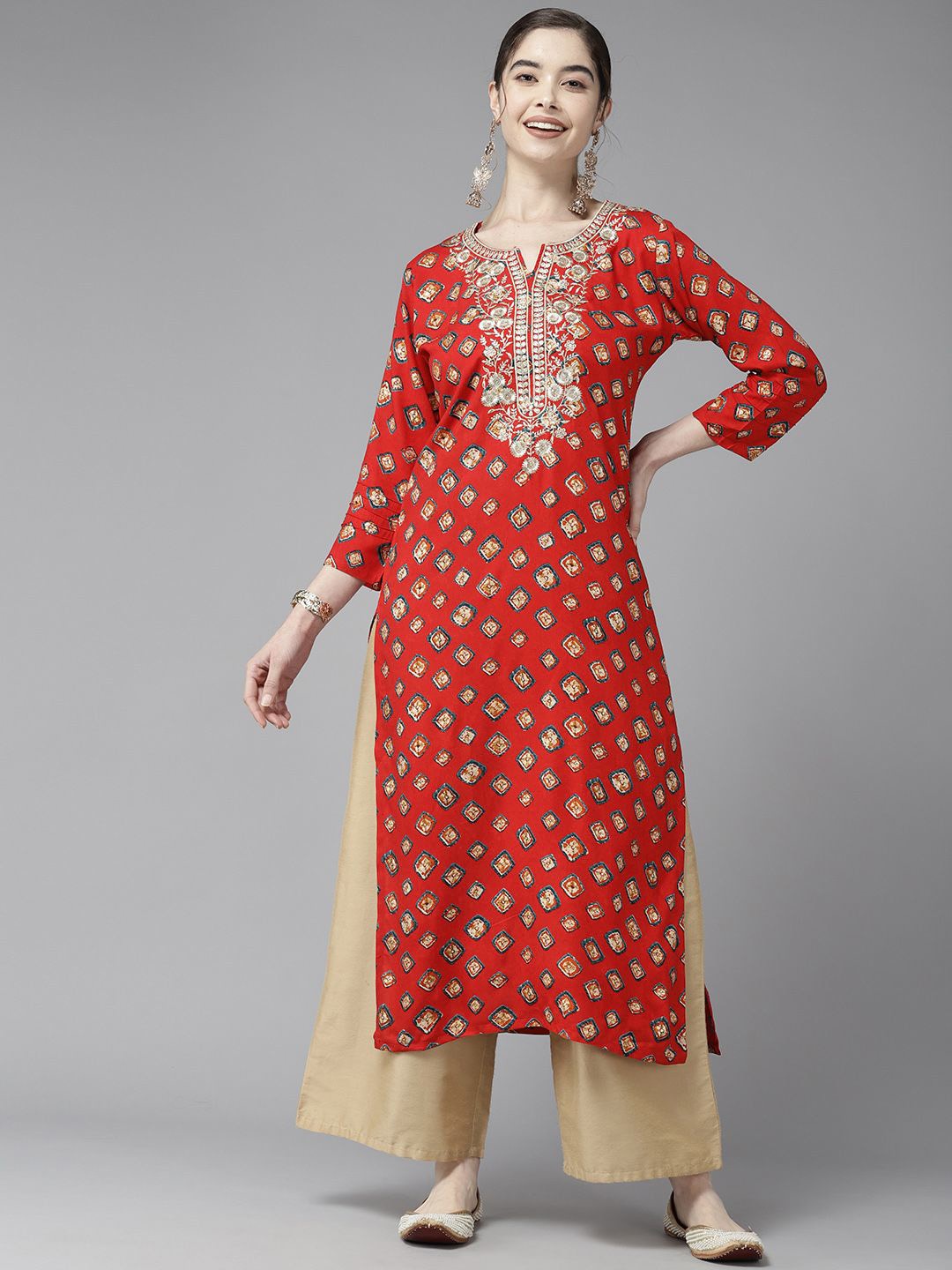 

BAESD Women Floral Printed Flared Sleeves Thread Work Kurta, Red