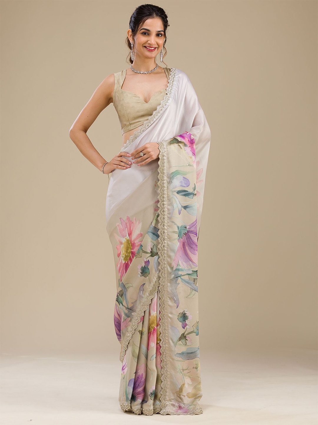 

Koskii Beads and Stones Floral Printed Saree, White