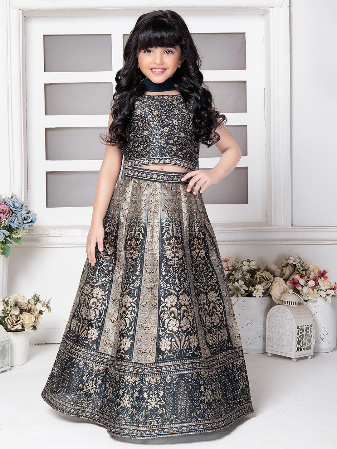 

Tiny Kingdom Girls Printed Beads and Stones Ready to Wear Lehenga & Blouse With Dupatta, Grey