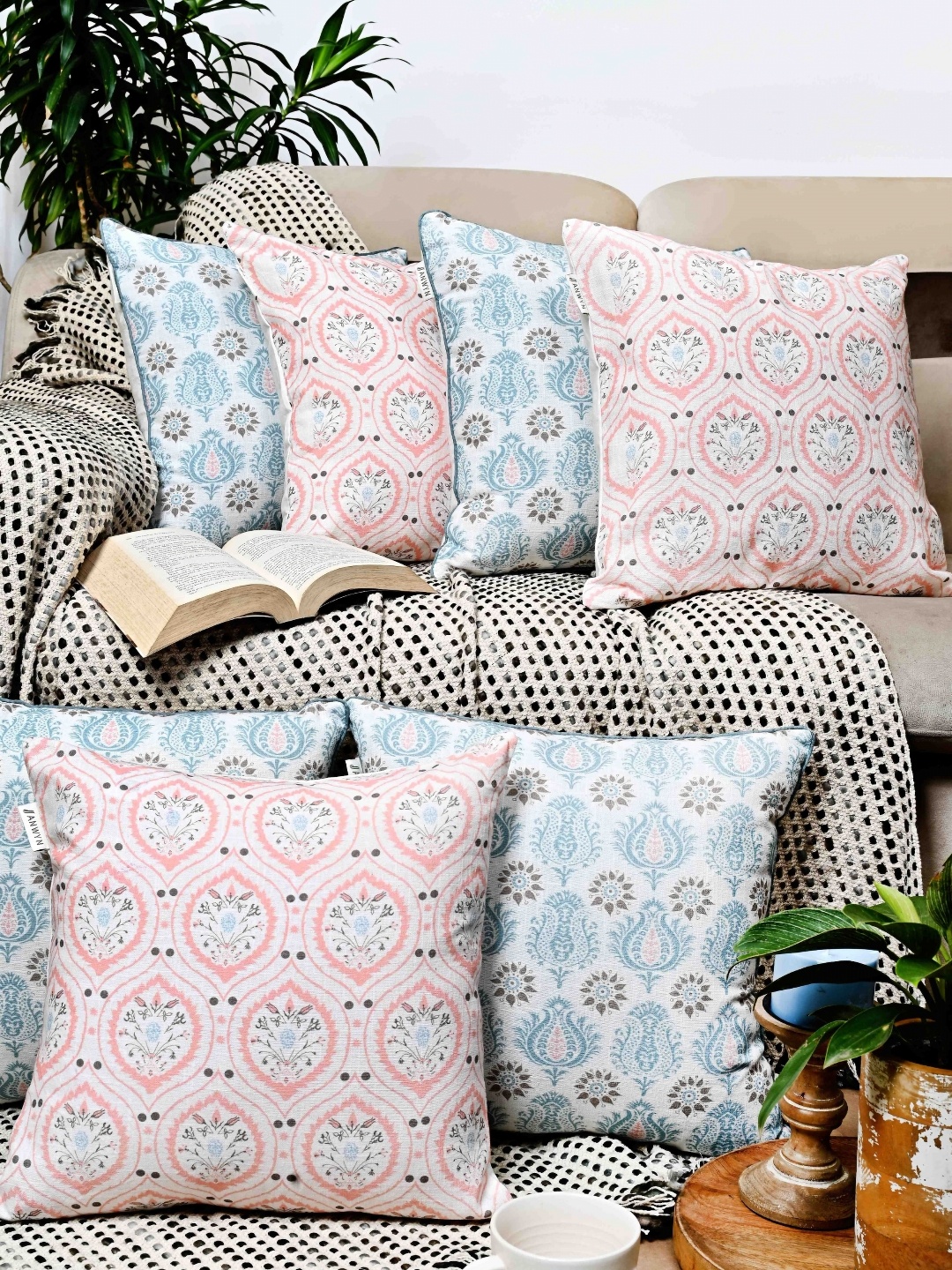 

ANWYN Peach & Blue 7 Pieces Ethnic Motifs Pure Cotton Square Cushion Covers