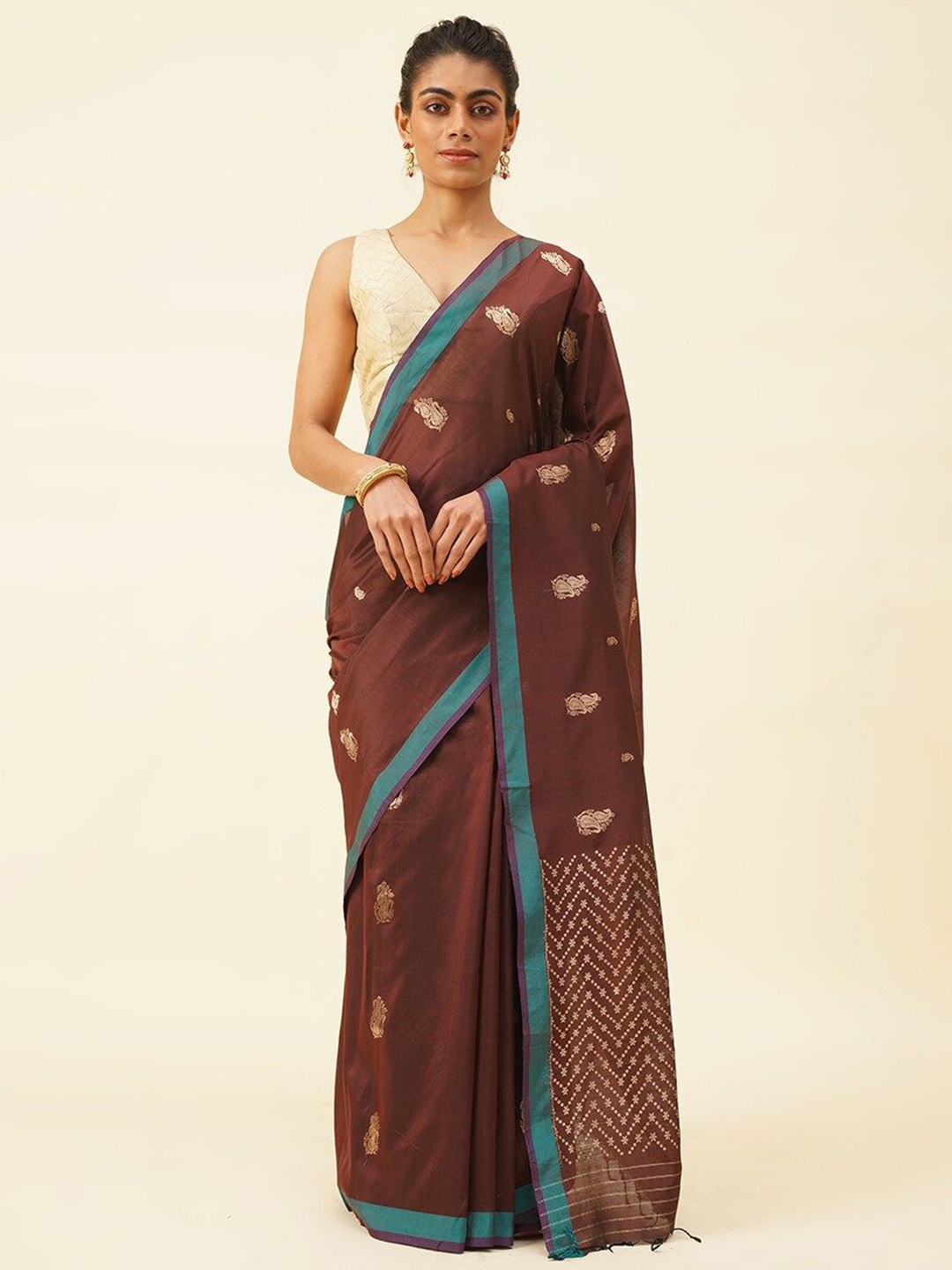 

JAYPORE Woven Design Pure Silk Saree, Brown