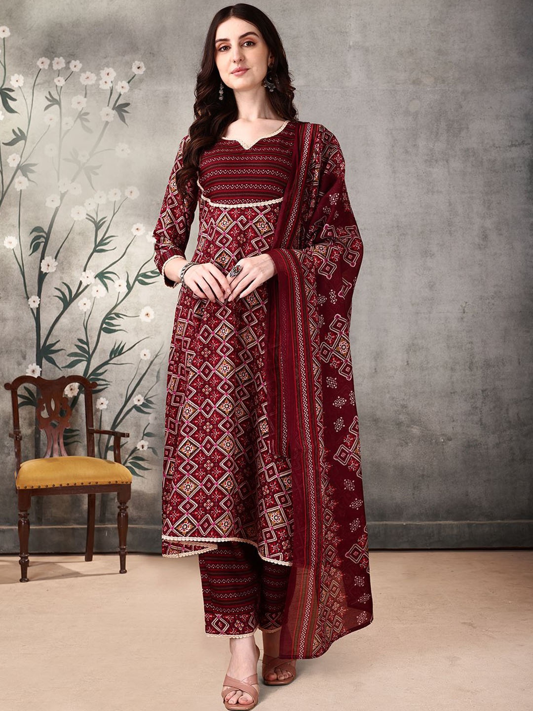 

KALINI Ethnic Motifs Printed Anarkali Kurta With Palazzos & Dupatta, Maroon