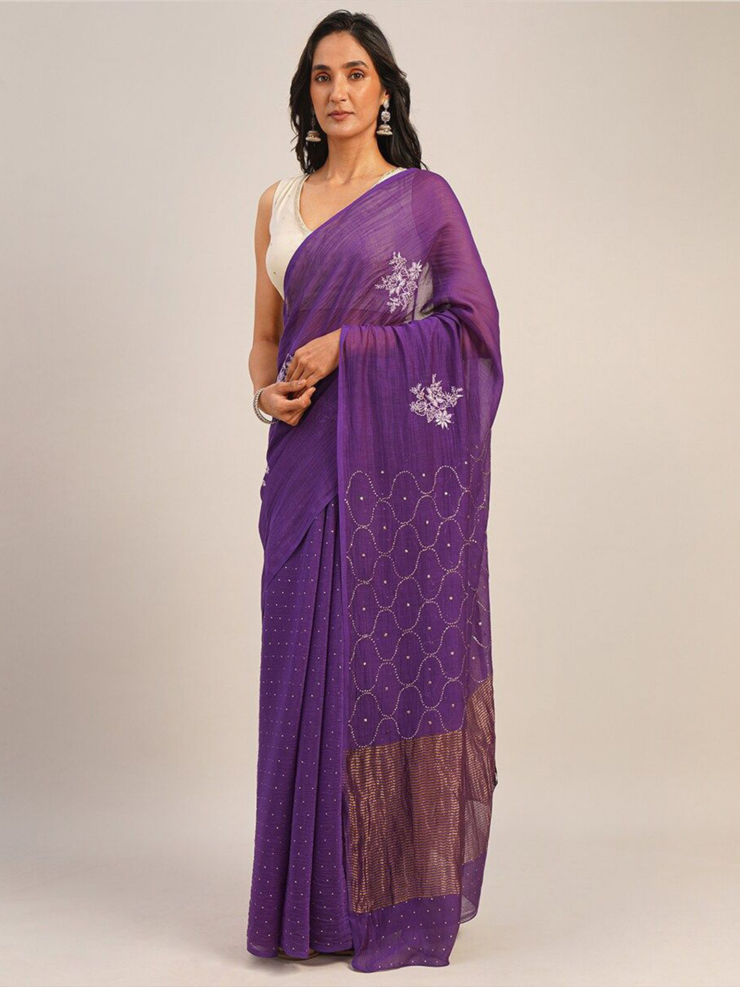 

JAYPORE Floral Embroidered WomenSilk Cotton Saree, Purple