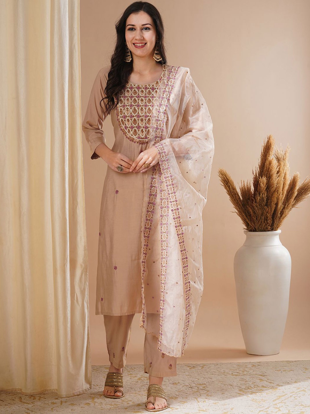 

FASHOR Floral Embroidered Sequinned Straight Kurta With Trousers & Dupatta, Beige