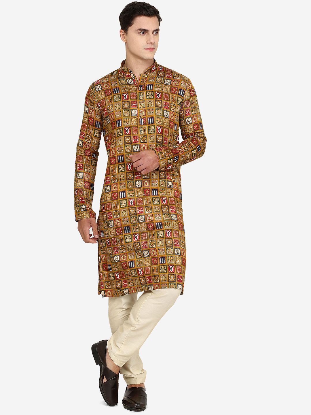 

THE KURTA COMPANY Men Floral Printed Thread Work Kurta, Yellow