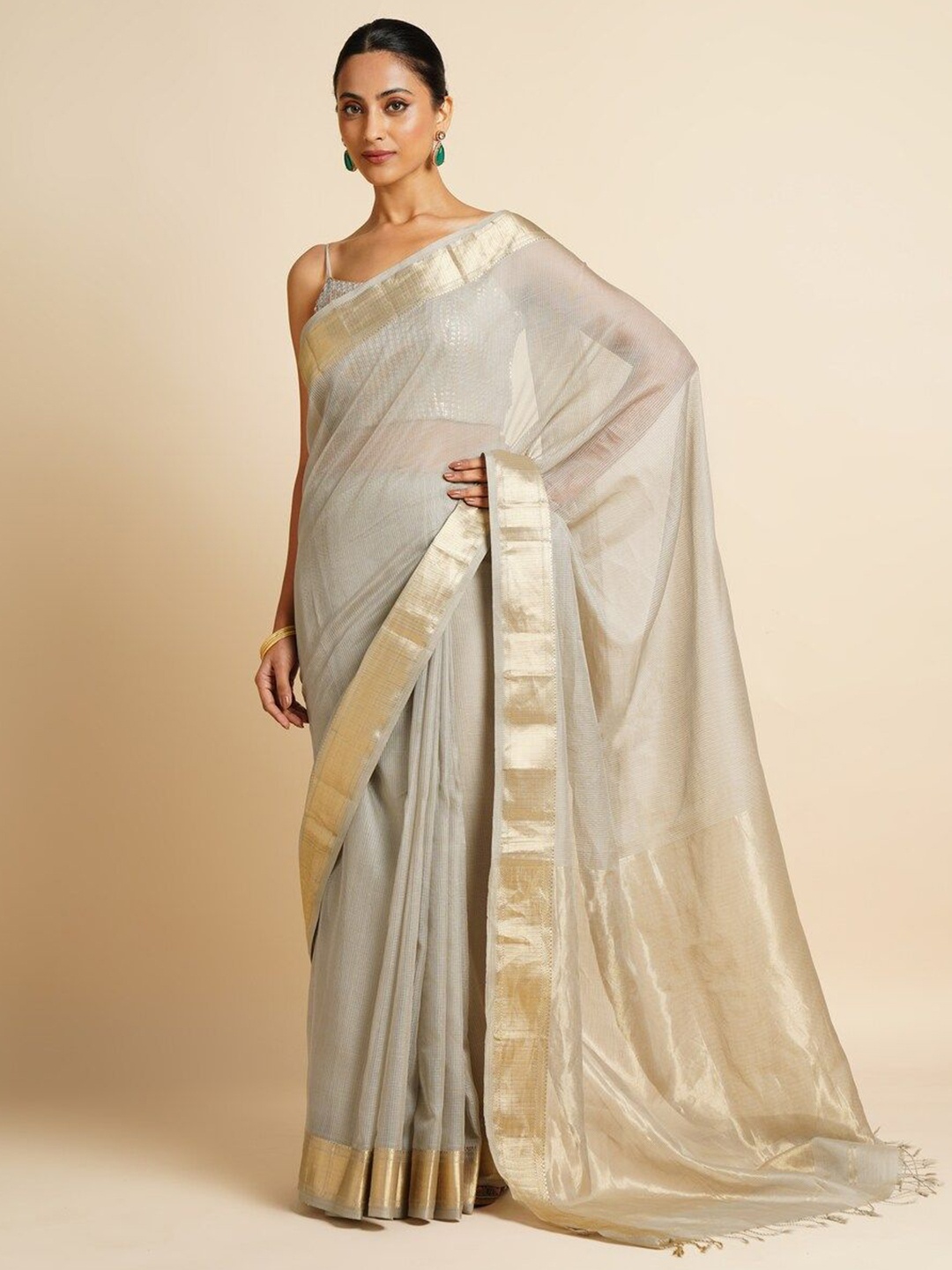 

JAYPORE Woven Design Zari Maheshwari Saree, Beige