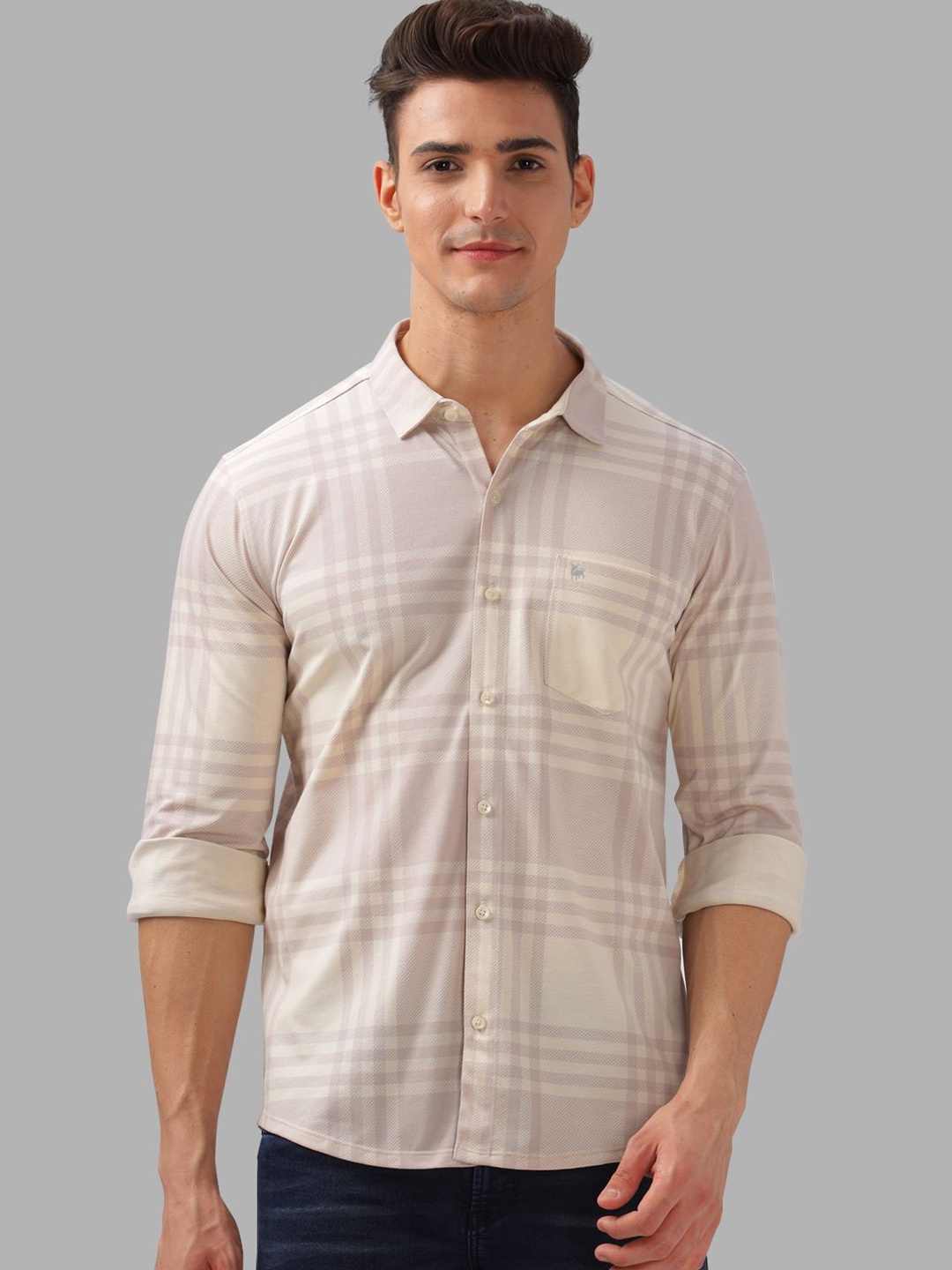 

BULLMER Men Spread Collar Checked Cotton Casual Shirt, Beige
